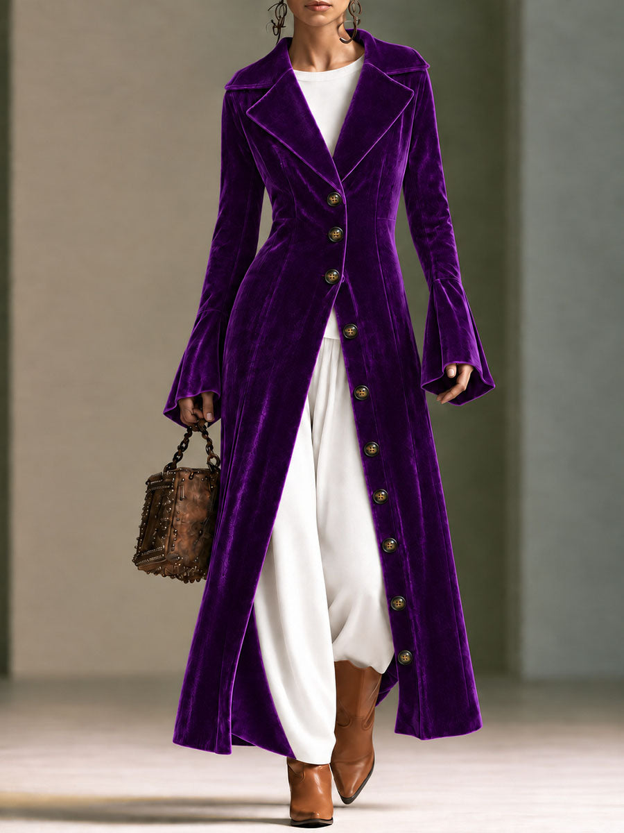 Burgundy Velvet Longline Button-front Duster Coat