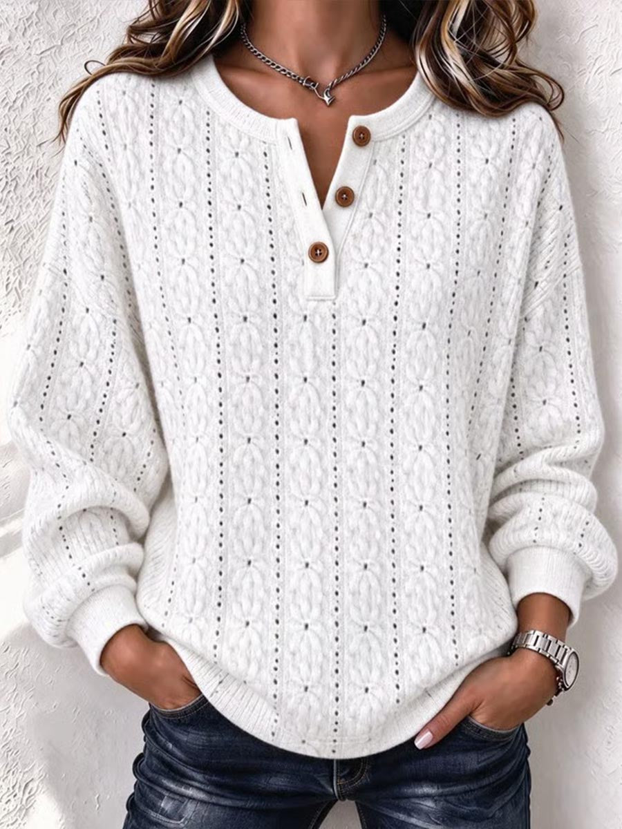 Damen-Henley-Pullover aus Pointelle-Strick mit Knopfleiste
