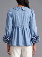 Women's Peter Pan Collar 3d Floral Long-sleeved Casual Loose A-line Denim Top