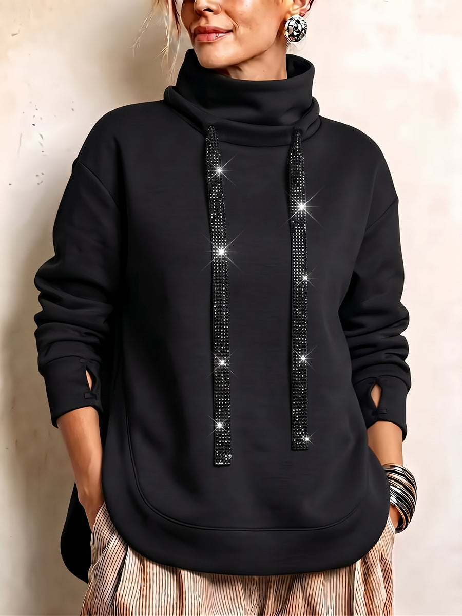 Schickes Sweatshirt mit Wasserfallausschnitt und Strass-Kordelzug