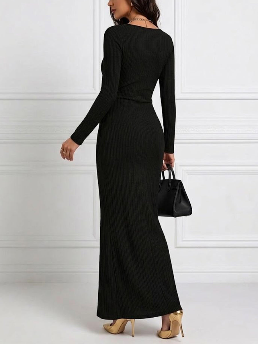 One-shoulder Ribbed Long-sleeve Maxi Dress With A Waist-cinching Fit, Rhinestone Button Detail, And A Side Slit