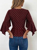 Polka-dot Top With Lace Splicing, V-neck, Single-breasted Closure, And Three-quarter Length Flared Sleeves