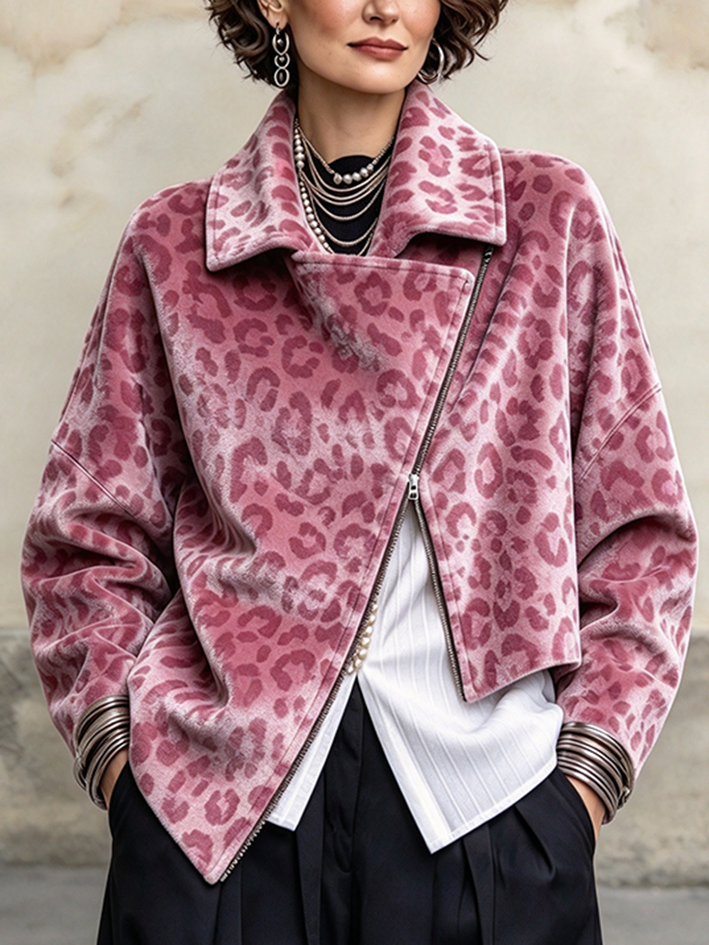 Asymmetric Zipper Pink Leopard Print Velvet Jacket