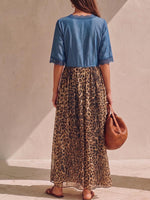 Women's V-neck Short-sleeved Casual Loose Denim Patchwork Chiffon Leopard Print Dress