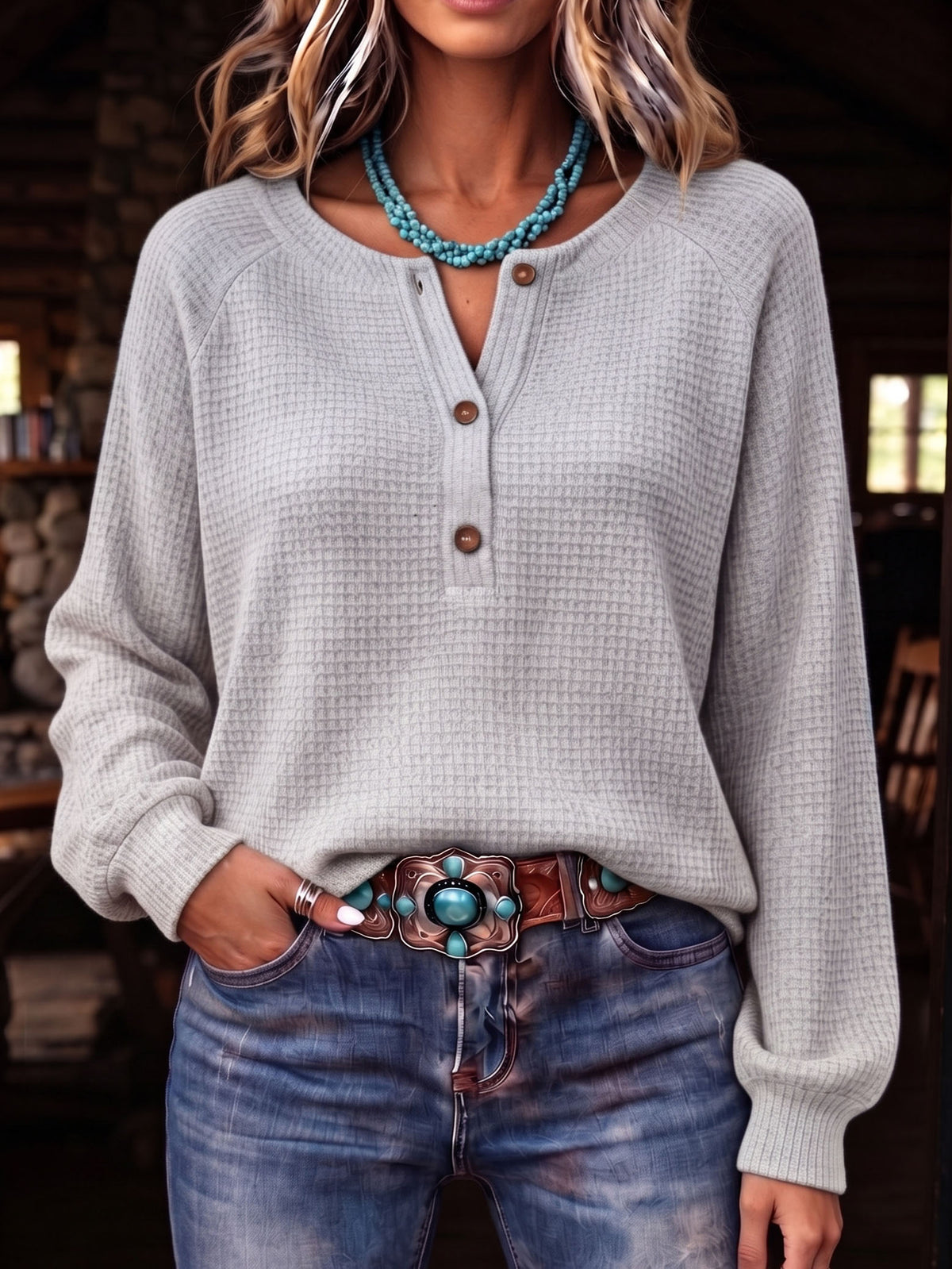 Cozy Waffle Knit Henley Top