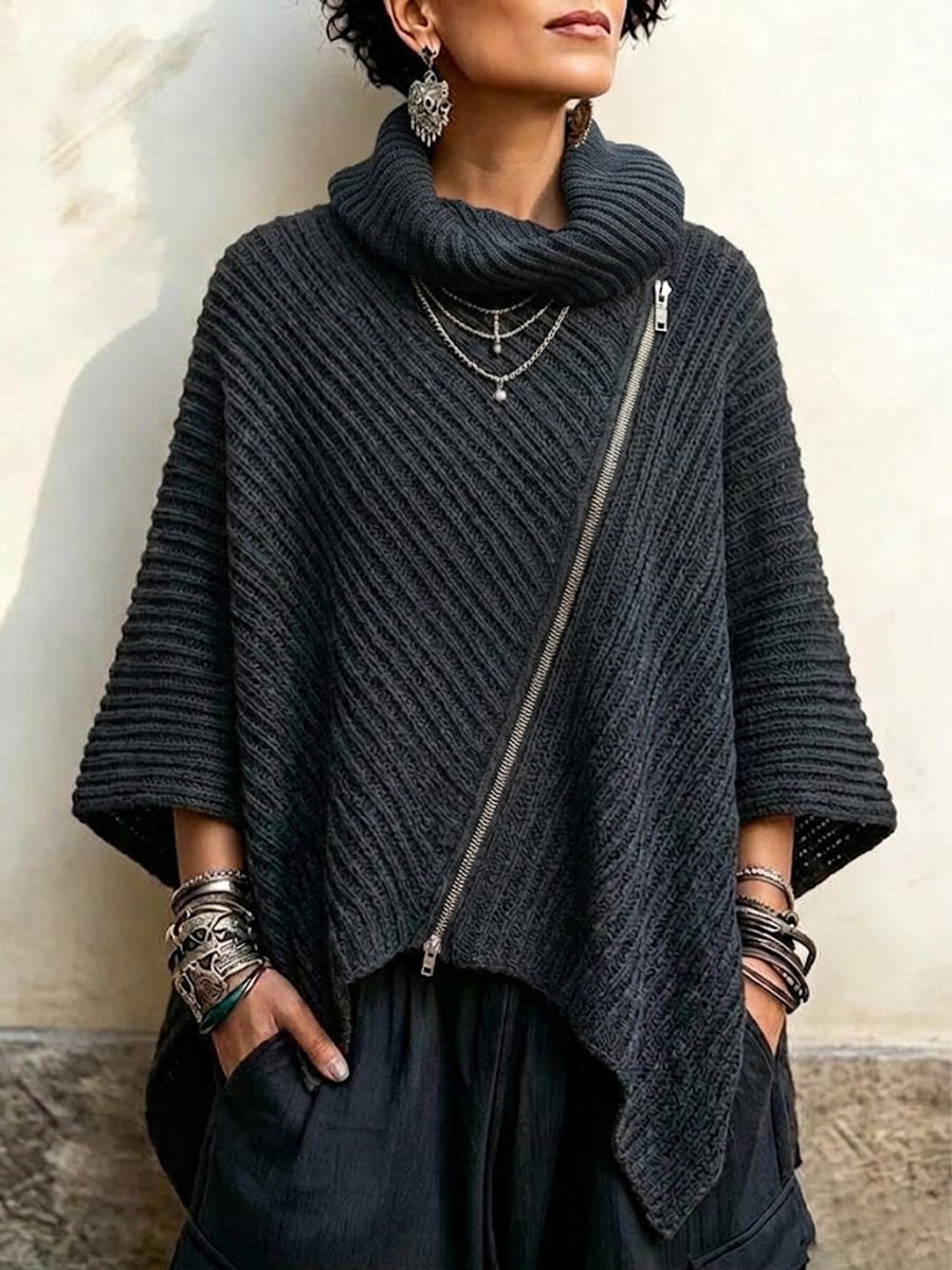 Grobstrickoberteil im Vintage-Stil mit asymmetrischem Reißverschluss