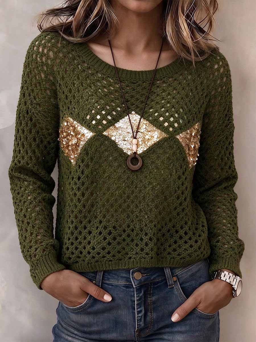 Olivgrüner, ausgehöhlter Häkelpullover für Damen mit Paillettenrauten