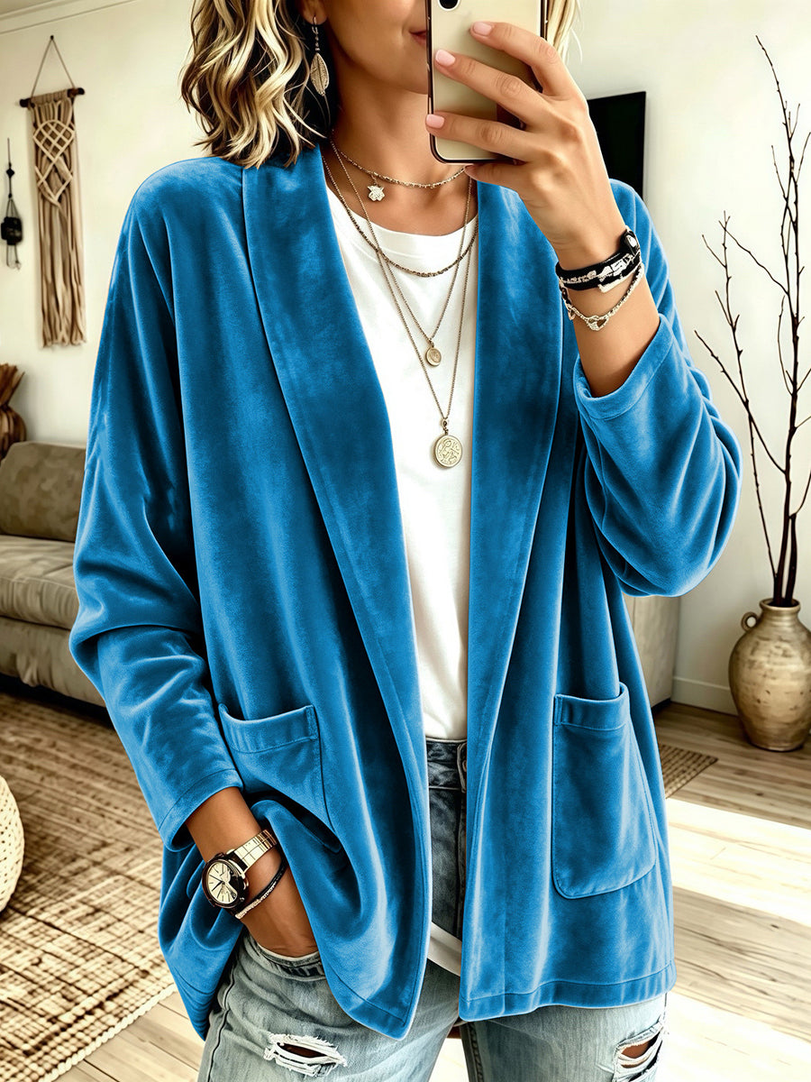 Cozy Velvet Open-Front Pocket Cardigan