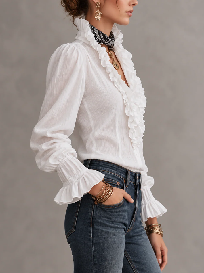 Elegante top in misto cotone con volant e volant
