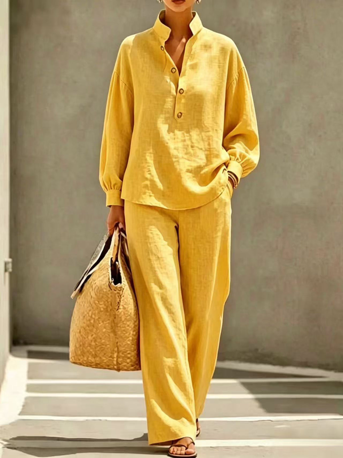 Casual, Minimalist Linen-cotton Shirt And Trousers Two-piece Setcasual, Minimalist Linen-cotton Shirt And Trousers Two-piece Set