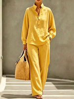 Casual, Minimalist Linen-cotton Shirt And Trousers Two-piece Setcasual, Minimalist Linen-cotton Shirt And Trousers Two-piece Set