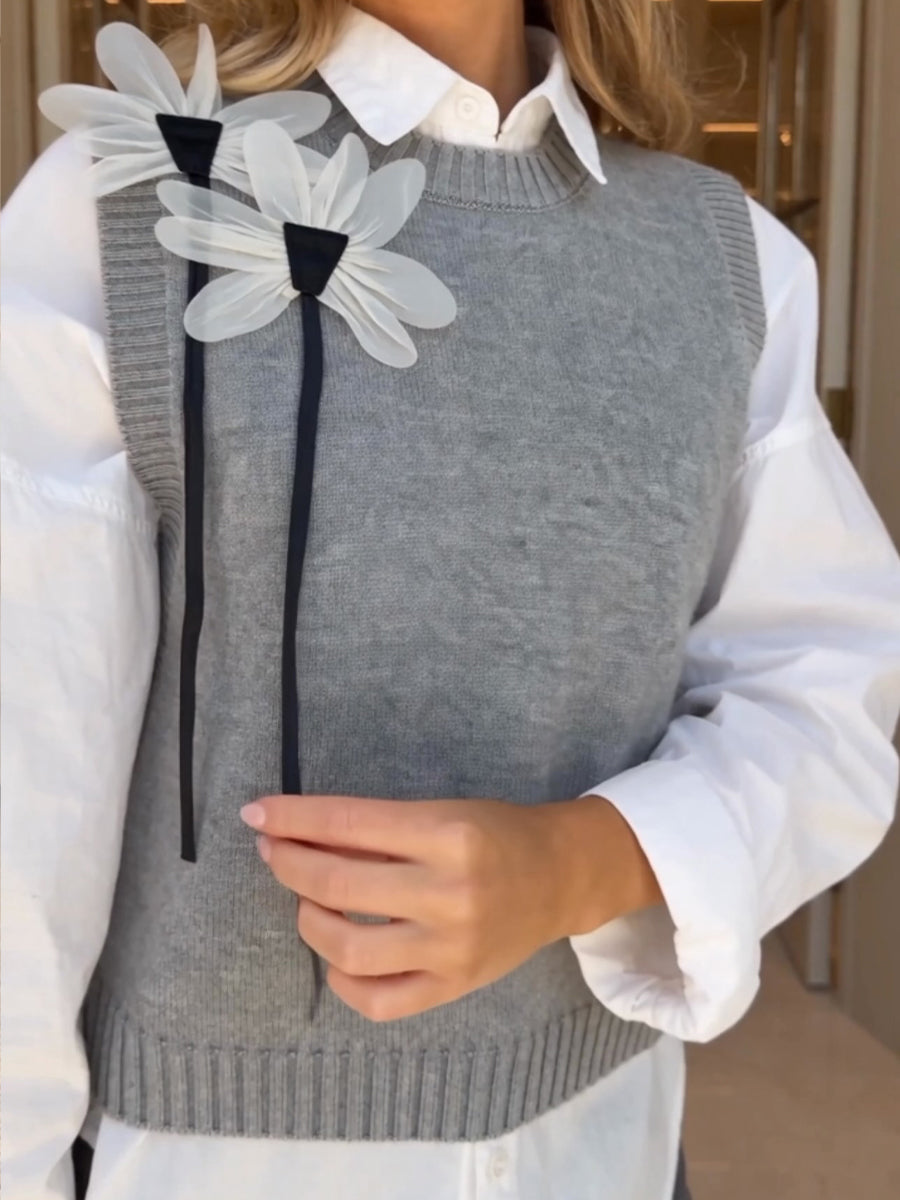 Lässiges Set aus Strickweste mit 3D-Blumenmuster und Hose mit weitem Bein