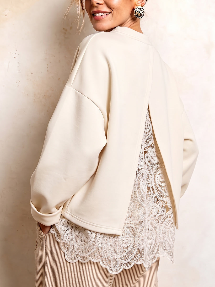 Chic Open-Back Lace-Trim Sweatshirt