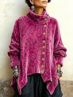 Hochgeschlossenes Samtoberteil mit Vintage-Paisley-Print und asymmetrischer Knopfleiste vorne