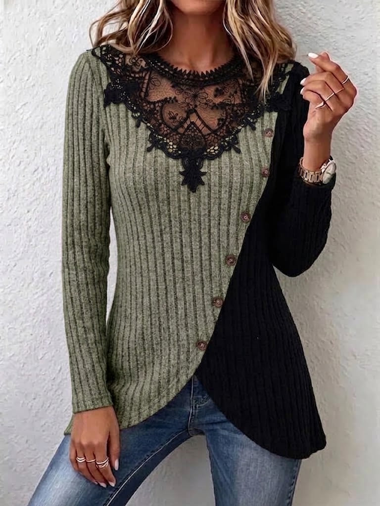 Ribbed Knit Long-sleeve Top Featuring Lace Splicing, Color-blocking, An Asymmetrical Design, And A Side-button Closure