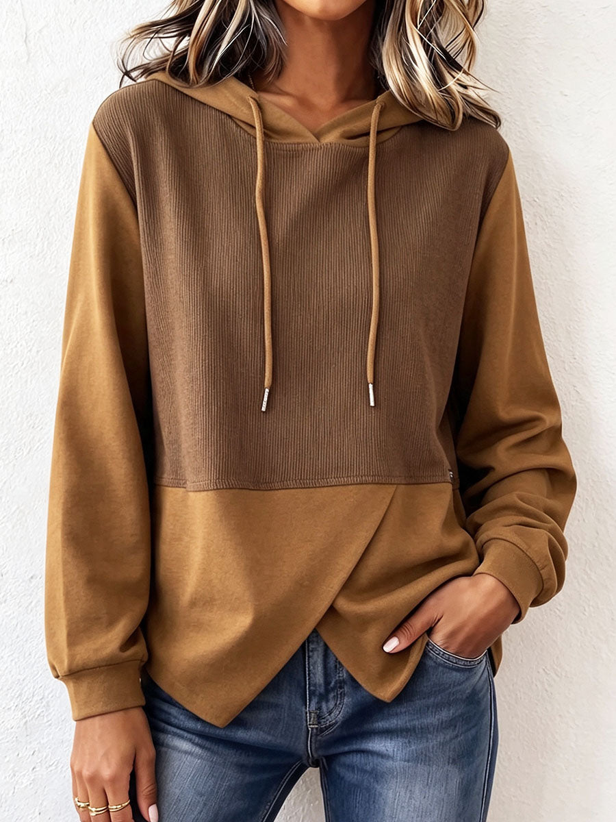 Cozy Color-blocked Knit Hooded Top With Layered Hem