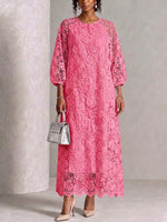 Round‑neck Raglan Lantern‑sleeve Lace Maxi Dress