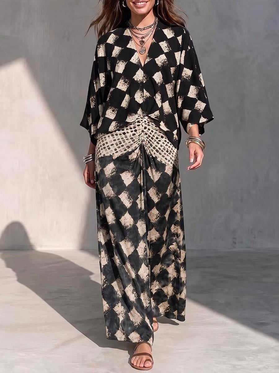 Vestido informal holgado con cuello en V y manga 3/4 con estampado geométrico y bloques de color para mujer