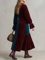 Two-tone Vintage Velvet Button-down Midi Coat Dress