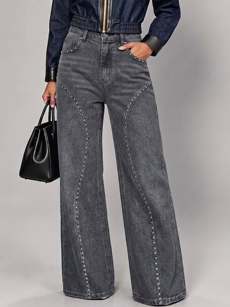 Curved Rhinestone High Waist Wide Leg Jeans