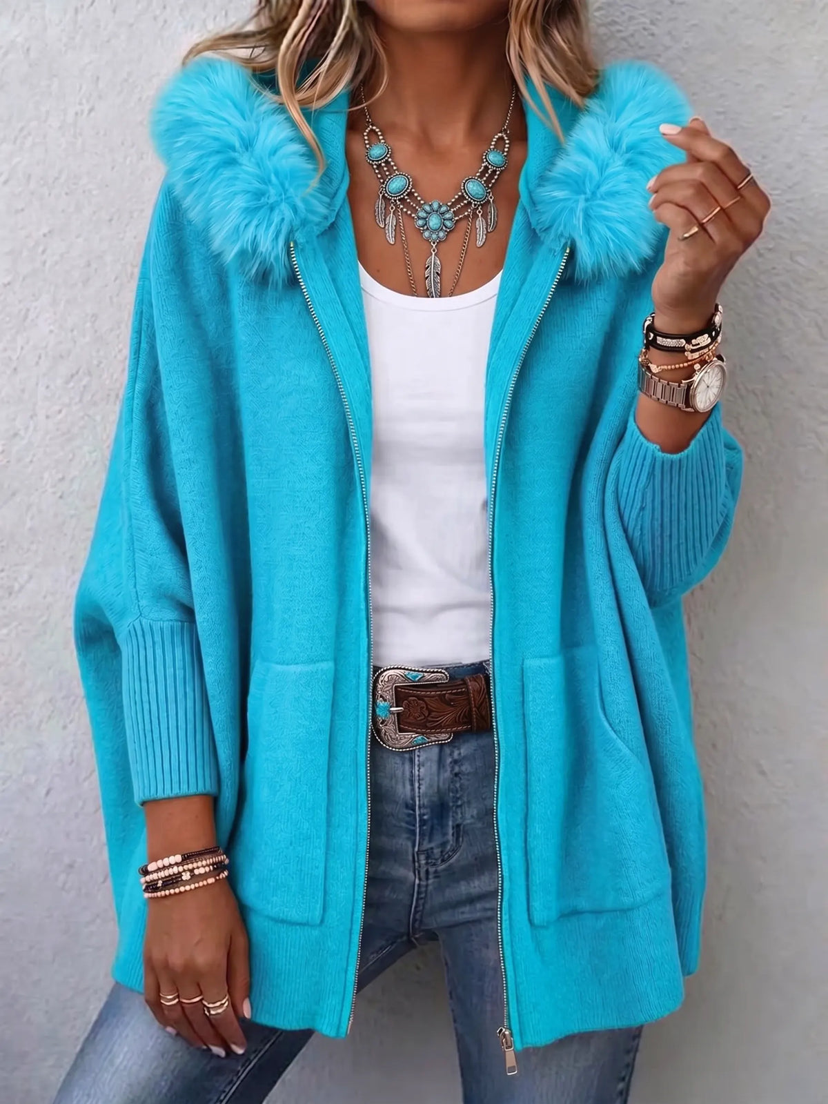 Turquoise Blue Faux Fur Trim Dolman Sleeve Hooded Cardigan
