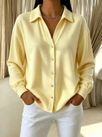 Chic Cozy Yellow Waffle-knit Button-up Shirt