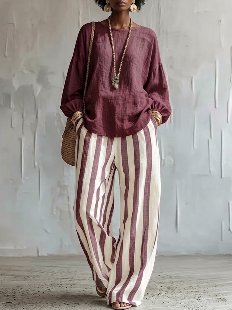 Comfortable Classic Striped Cotton-linen Two-piece Set