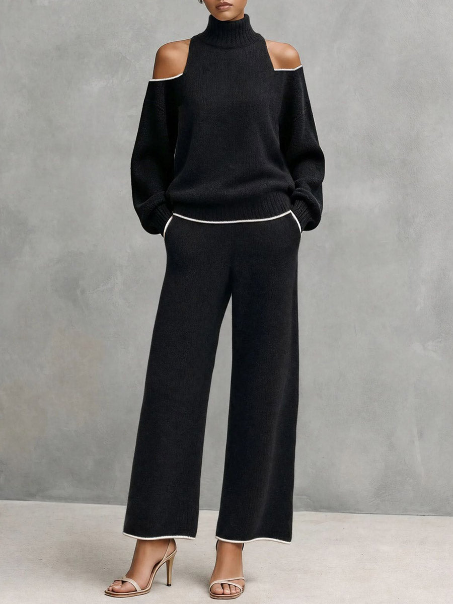 Set maglione lavorato a maglia a collo alto con spalle scoperte e pantaloni a gamba larga