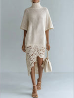 Elegant Crochet-Trim Knit Turtleneck Dress