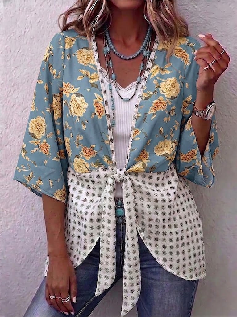Floral & Dot Spliced V-neck Tie Front 3/4 Sleeve Blouse