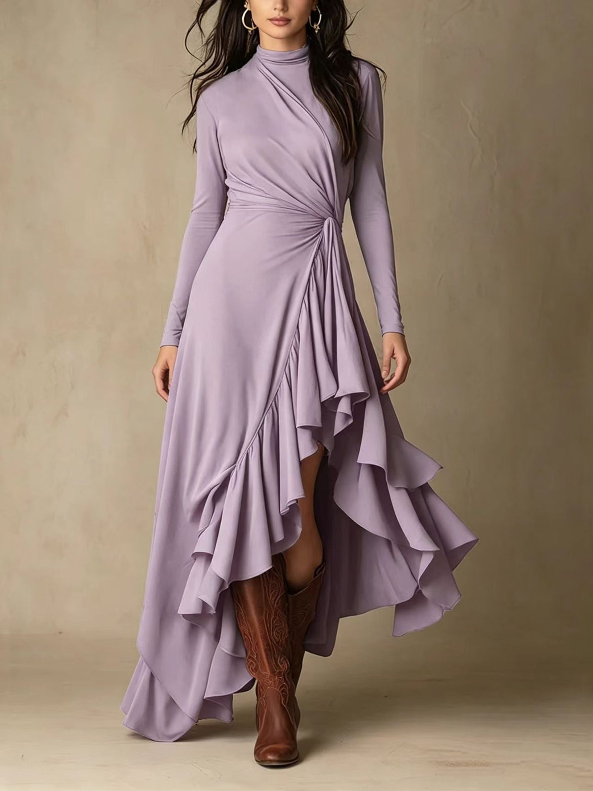 Elegante vestido midi de punto asimétrico con detalle retorcido que define la cintura