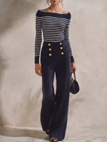 Women's 2-piece Set: Boat-neck Long-sleeve Loose Color-block Striped Knit Top & High-waisted Solid-color Wide-leg Pants With Metal Buckle Detail