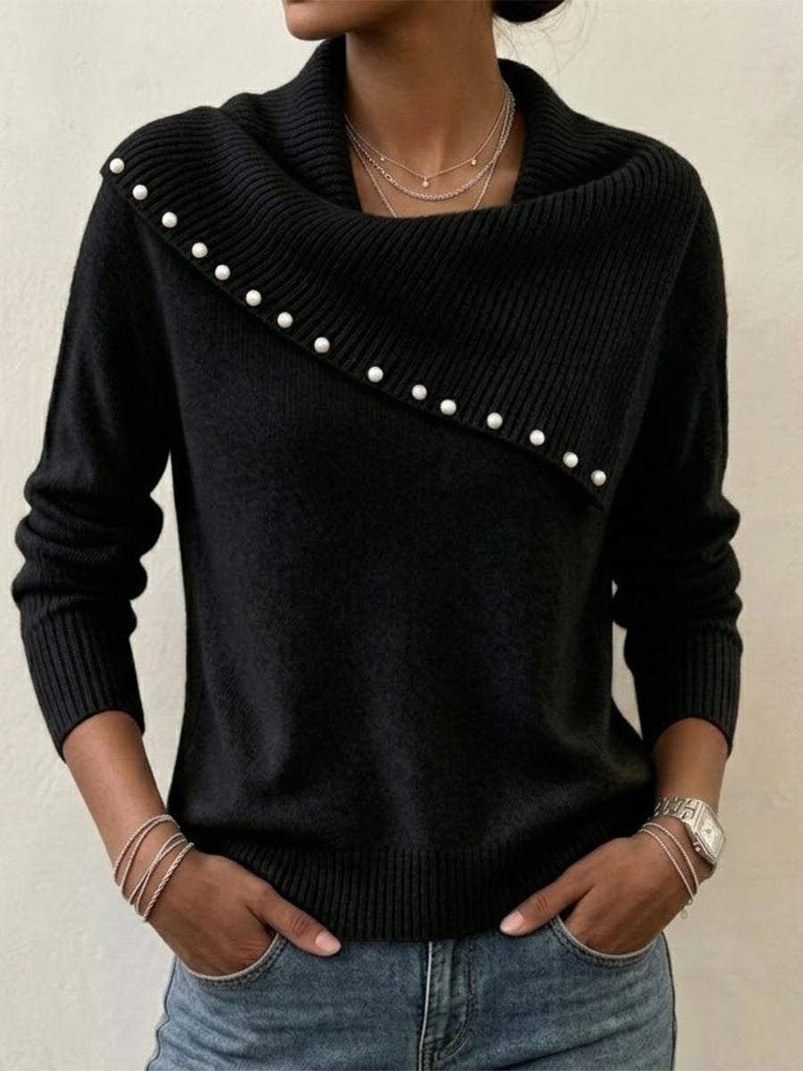 Asymmetric Pearl‑trim Draped Cowl Collar Knit Sweater