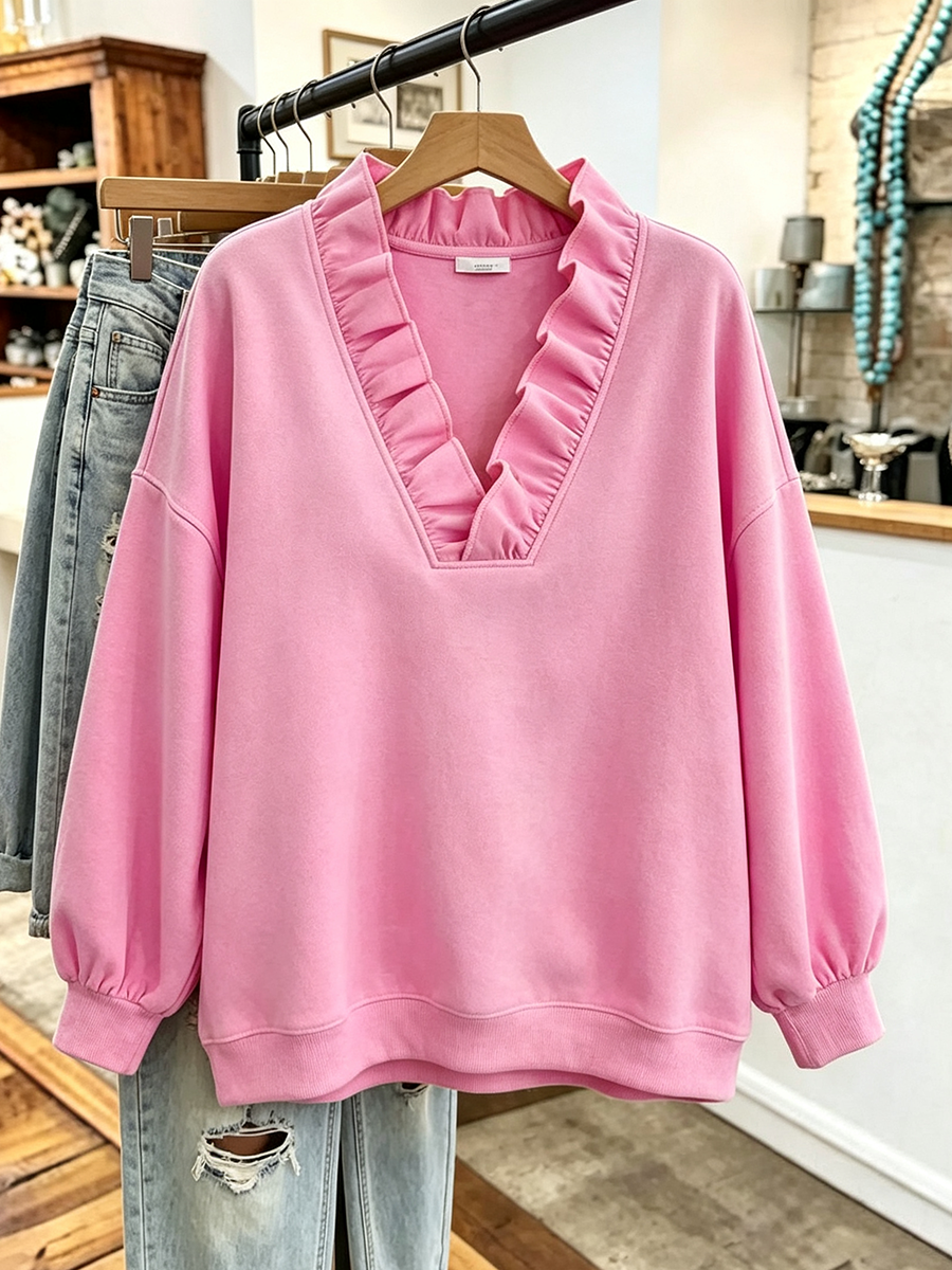 Acogedora sudadera extragrande con volantes en color rosa vibrante