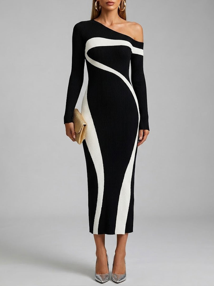 Elegant One-shoulder Black And White Color-block Ribbed Knit Midi Dress