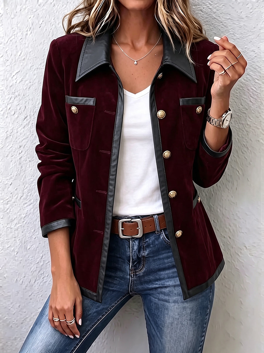 Luxurious Burgundy Velvet Leather-Trim Jacket