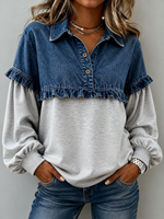 Casual Long-sleeve Knit Top With Denim Ruffle Splicing