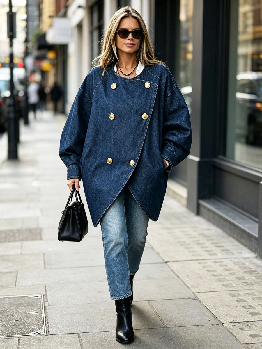Elegant Dark Blue Denim Double-breasted Jacket