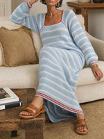 Chic Square-neck Striped Cut-out Knit Maxi Dress