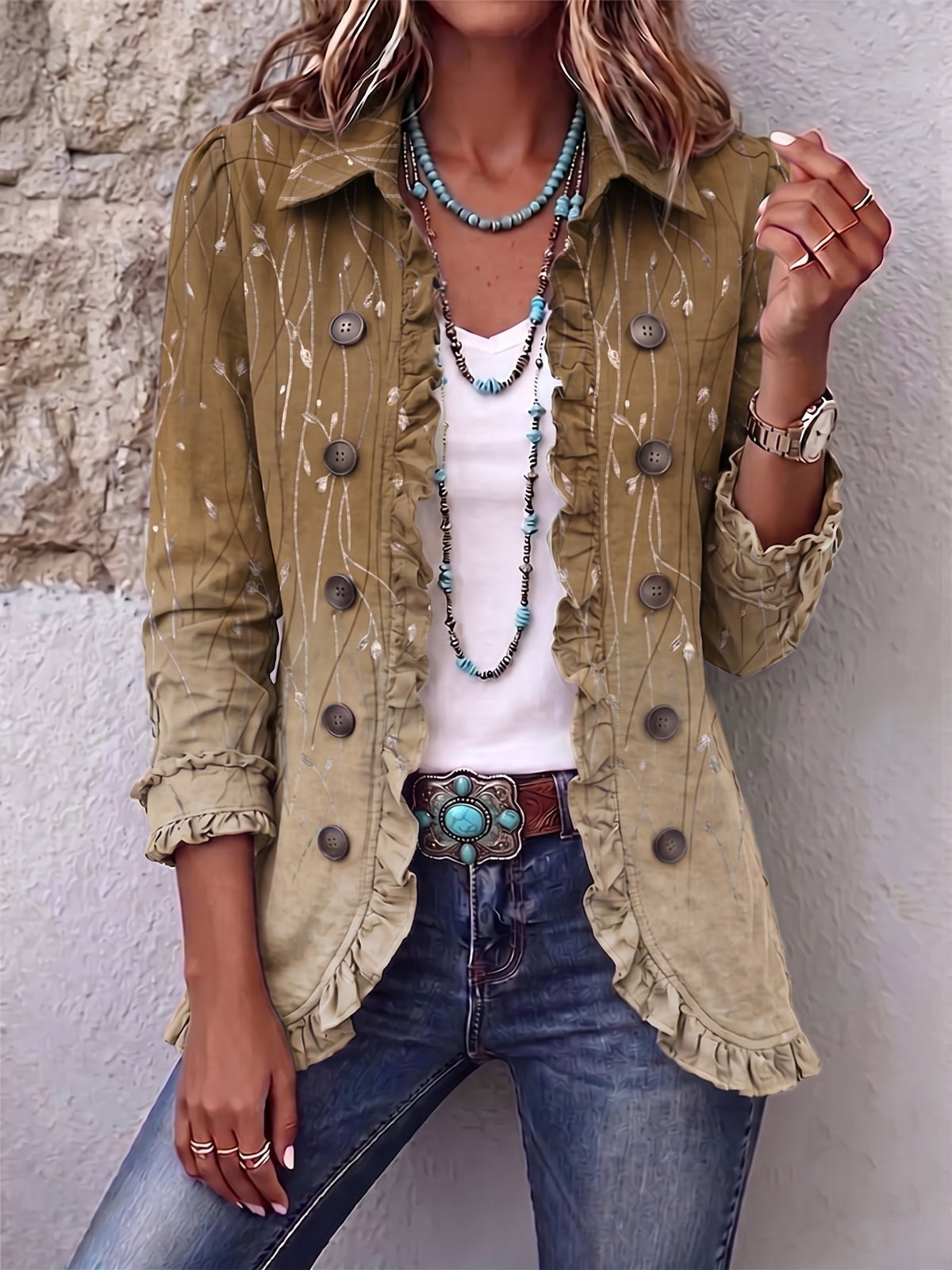 Vintage Botanical Print Ruffled Jacket