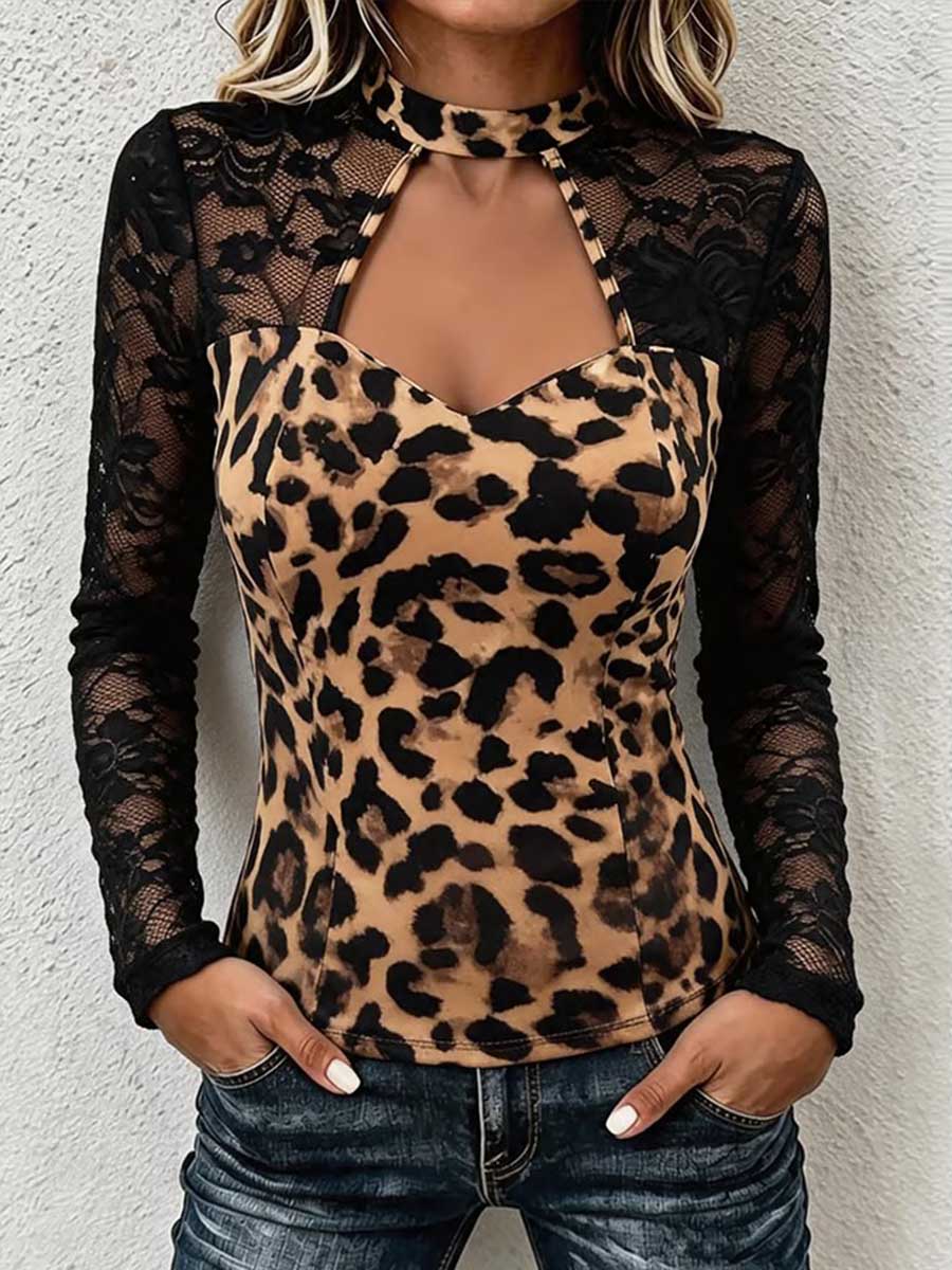 Virina Stand-kolumo Long-maniko Svelt-taŭga Leoparda Presaĵo & Punto Panelo Casual Top