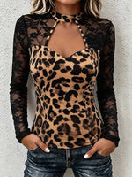 Virina Stand-kolumo Long-maniko Svelt-taŭga Leoparda Presaĵo & Punto Panelo Casual Top