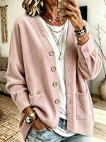 Corduroy V-neck Loose-fit Drop-shoulder Single-breasted Cardigan With Dual Pockets