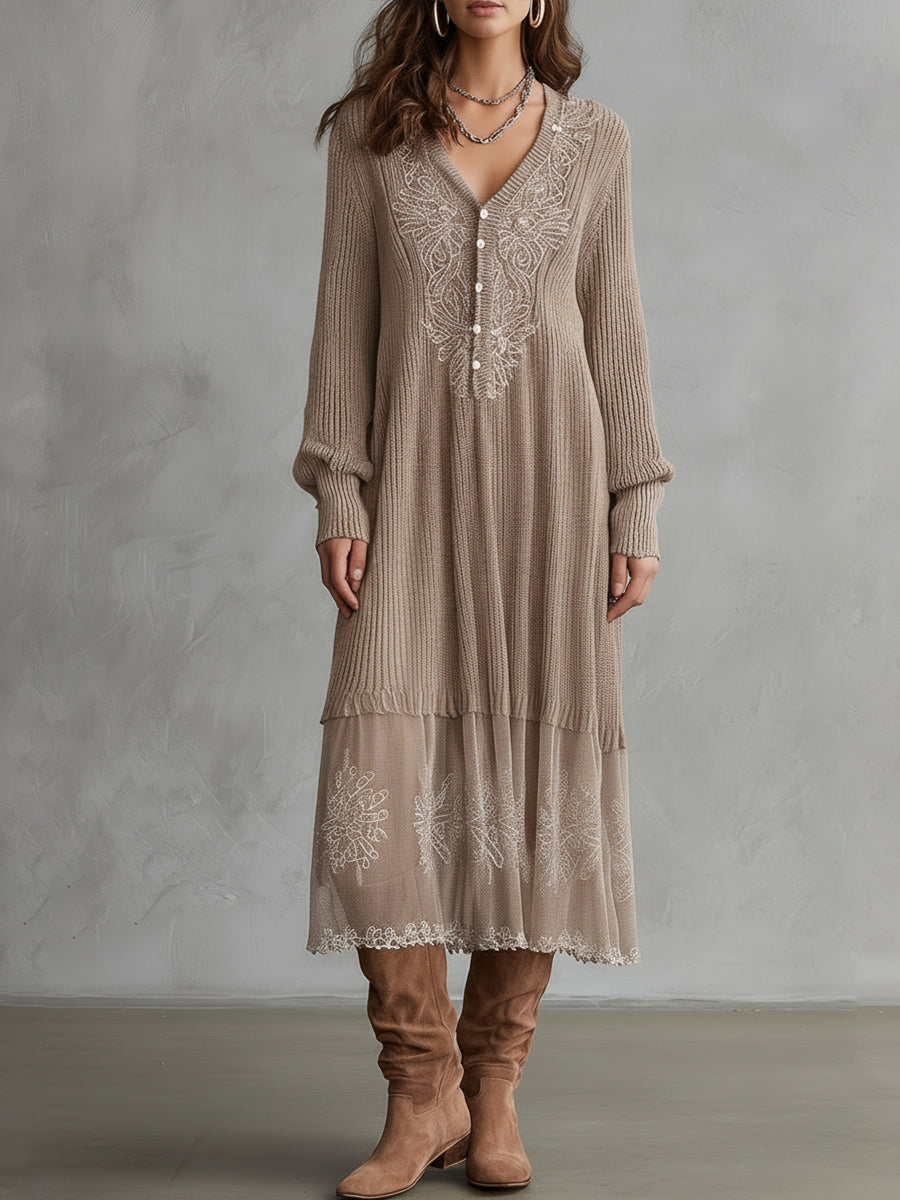 Boho Khaki Embroidered Panel Knit Midi Dress