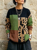 Maglione lavorato a maglia girocollo con stampa leopardata color block e tasca