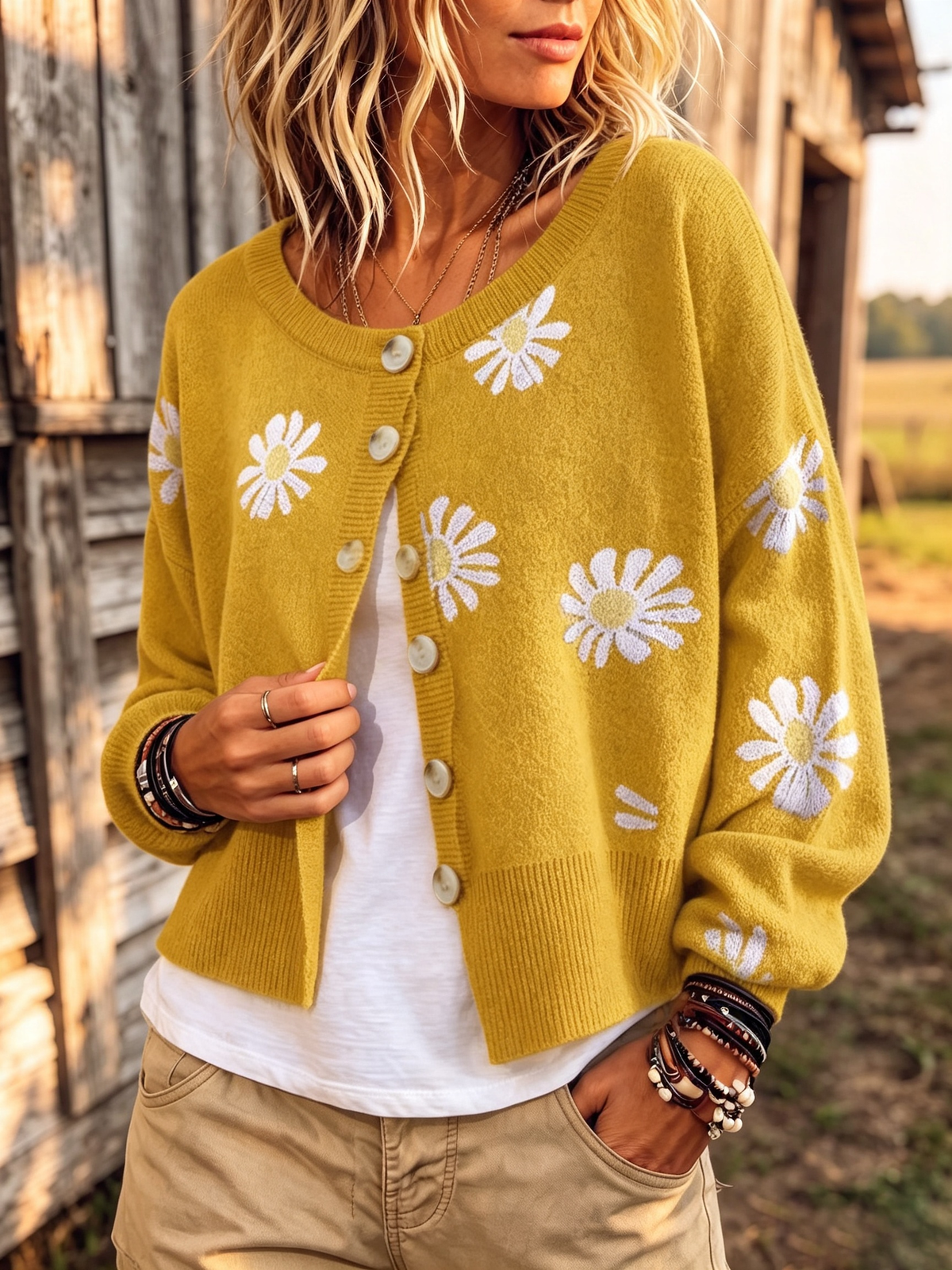Daisy Pattern Button-up Cardigan Sweater