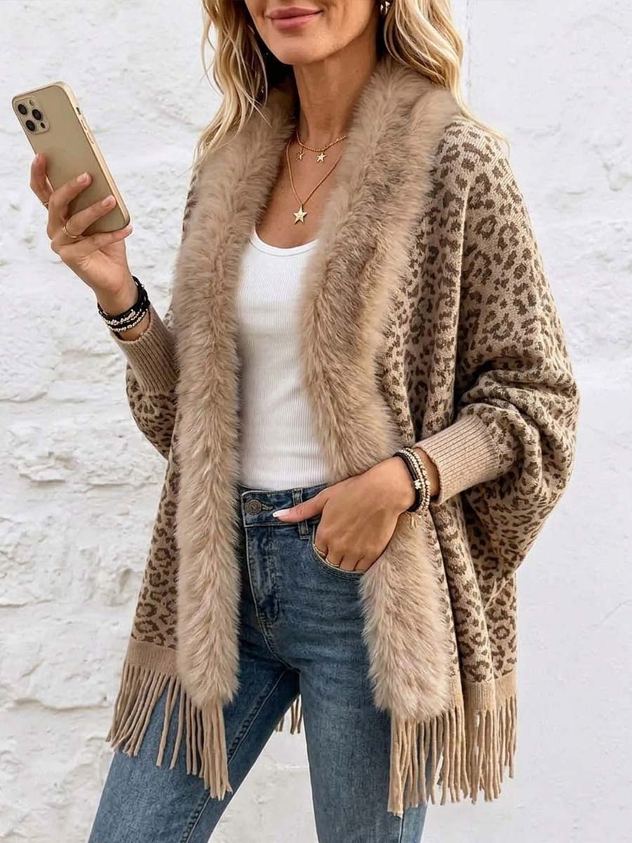 Women's Faux Mink Fur Knit Cardigan – Long-sleeve, Loose-fit, Leopard Print With Tassels