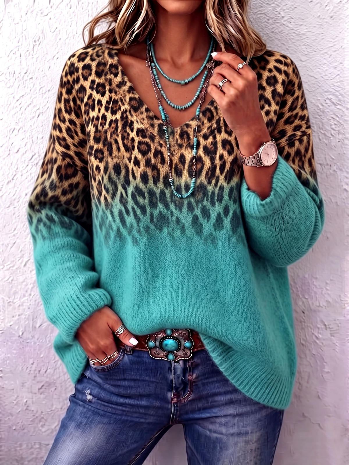 Boho Chic Ombre Leopard V-neck Sweater