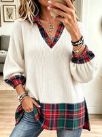 Top in maglia a coste casual con pannelli scozzesi a tema natalizio