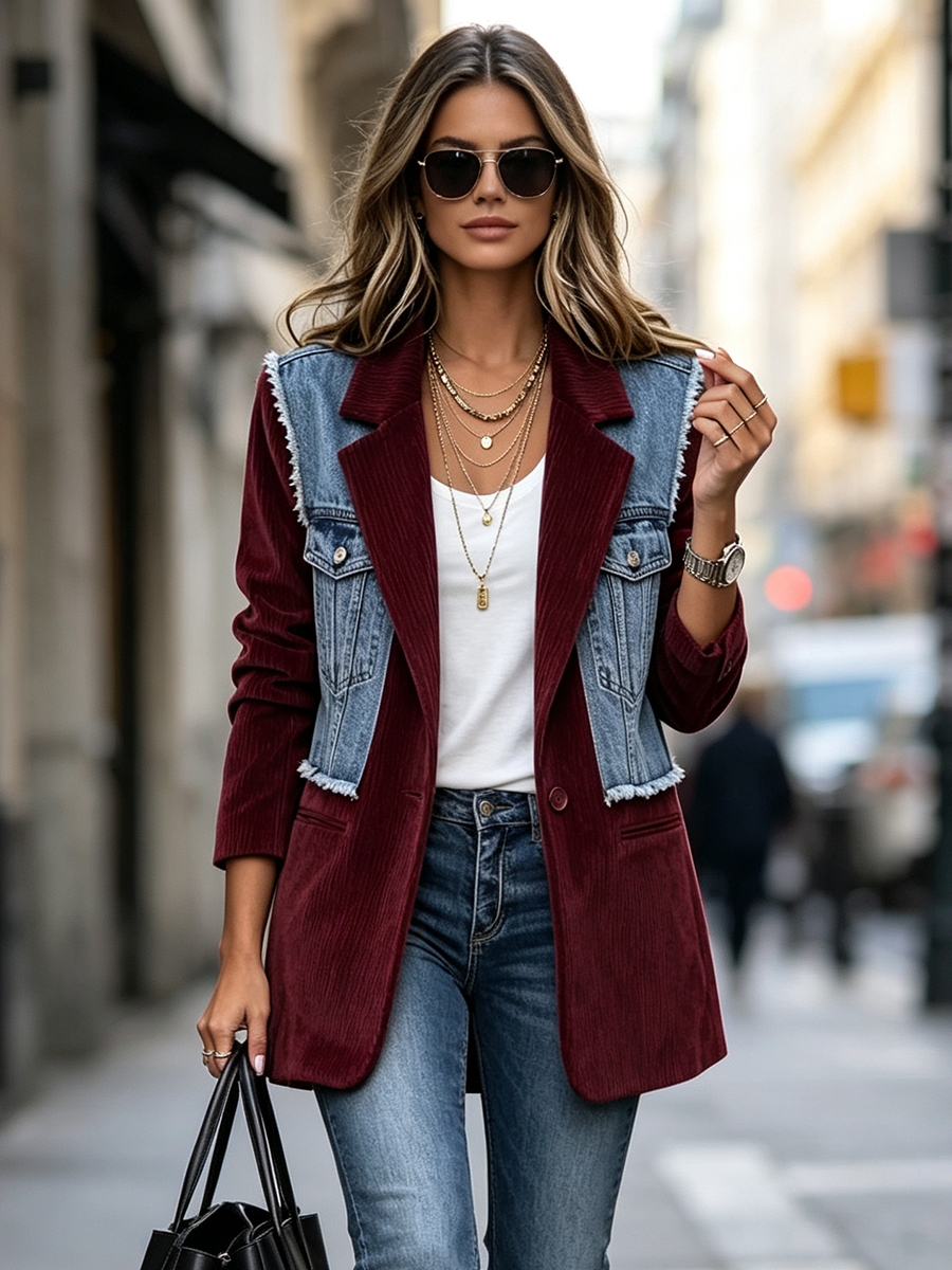 Chic Corduroy And Denim Color-block Blazer